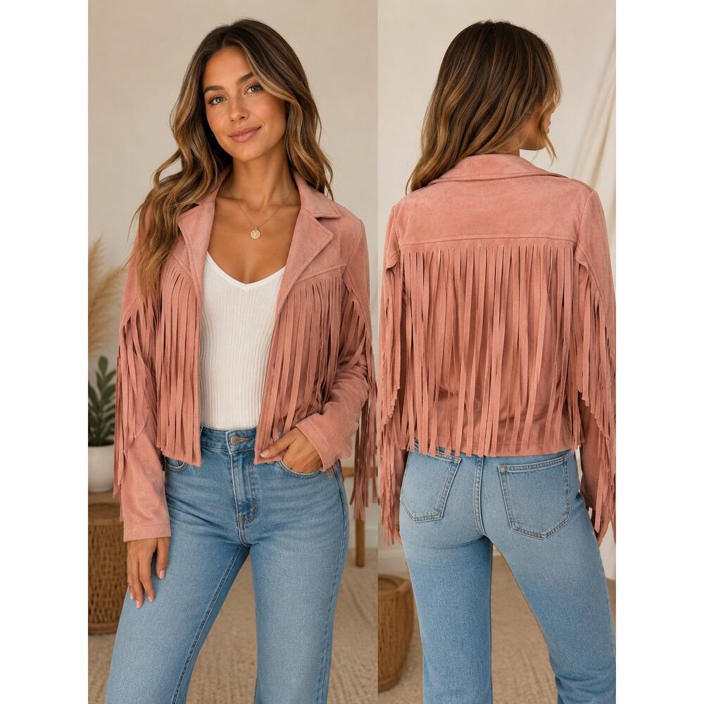 Women’s Blush Pink Faux Suede Fringe Western Jacket Boho Festival Cowgirl M
